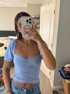 Urban Outfitters Pastel Blue Ruched Sweetheart Crop Top